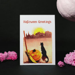 Vintage Sunset Black cat Pumpkin Halloween Helg Vykort