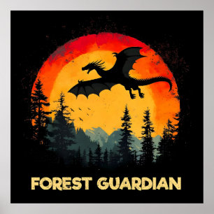 Vintage Sunset Forest Dragon Poster