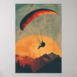 Vintage Sunset Paragliding in the Mountain Poster