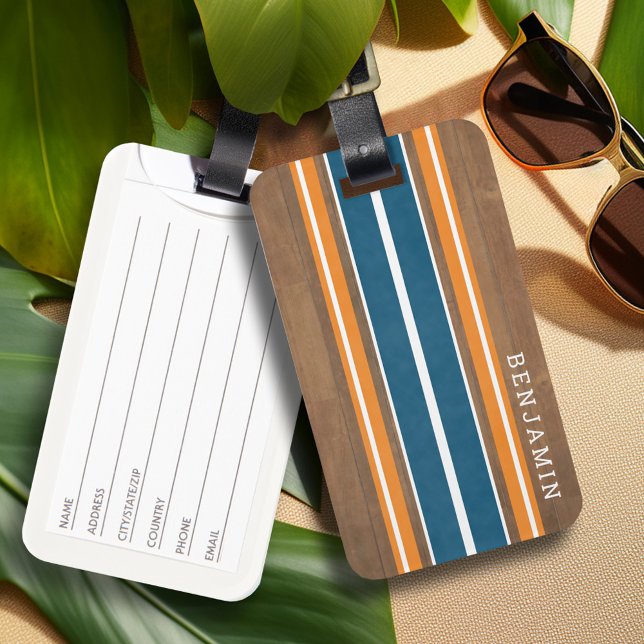 Vintage Surfboard Rand - Subtle Wood Background Bagagebricka (Personalized Luggage Tag with a vintage surfboard design)