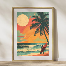 Vintage Surfer i sommarsolnedgången Retro Poster
