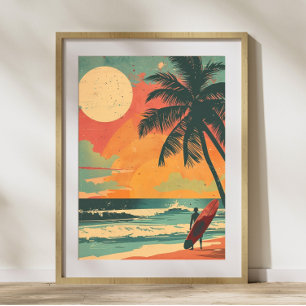 Vintage Surfer i sommarsolnedgången Retro Poster
