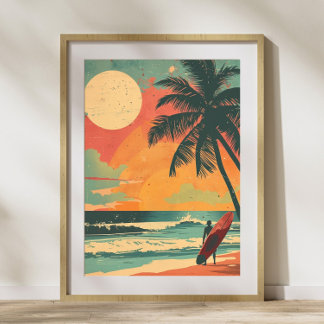 Vintage Surfer i sommarsolnedgången Retro Poster