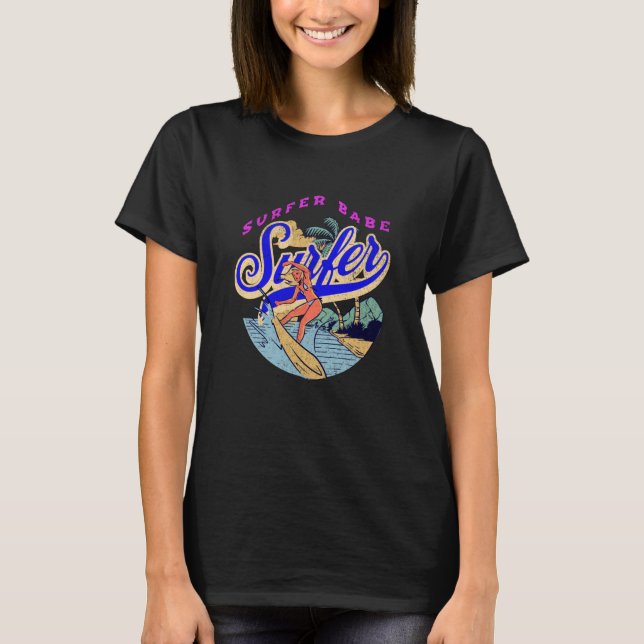 Vintage Surfing Beach Babe T Shirt (Framsida)