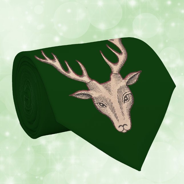 Vintage Surreal Hjort Head Antlers Slips (Head of brown male surreal deer with antlers on dark forest green neck tie.)