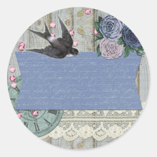 Vintage Svale Fågel Koboltblå Shabby Chic Hantverk Runt Klistermärke