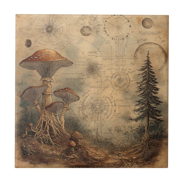 Vintage Svamp Botanisk Diagram (3) Kakelplatta (Framsidan)