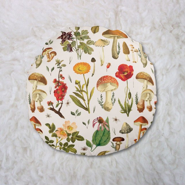 Vintage Svamp- och Vildblommotiv Rund Kudde (In situ)