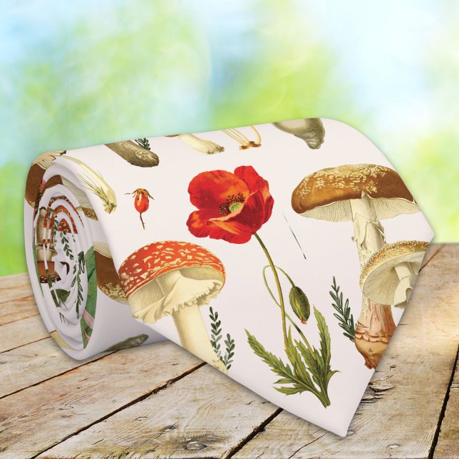 Vintage Svamp- och Vildblommotiv Slips (Close up)