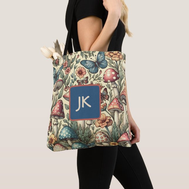 Vintage Svampar, Blommor, Fjärilar Whimsical Tygkasse (Närbild)