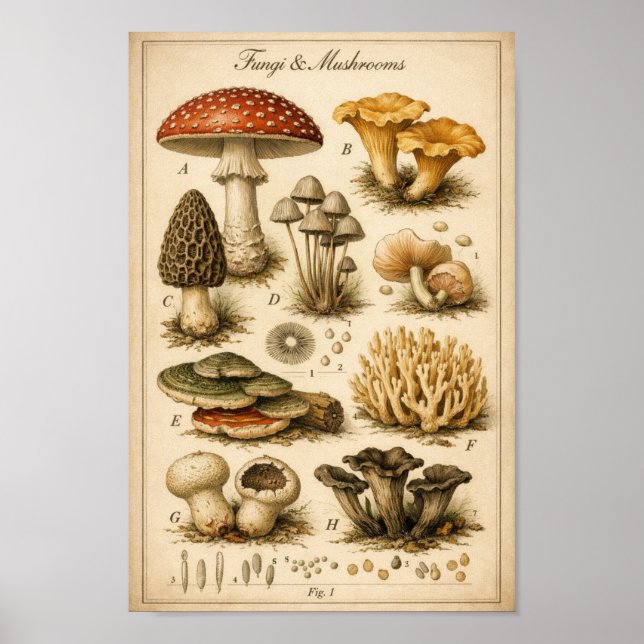 Vintage Svampar Vetenskaplig Illustration Poster (Framsidan)