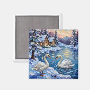 Vintage svanar på en vintersjö julmålning magnet