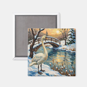 Vintage Svanen av Snöig Bro Julmålning Magnet