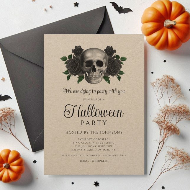 Vintage Svart Blommig Döskalle Halloween Inbjudningar (Vintage Black Floral Skull Halloween Invitation)