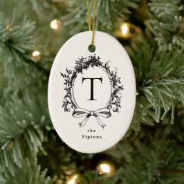 Vintage svart botaniskt monogram julgransprydnad keramik