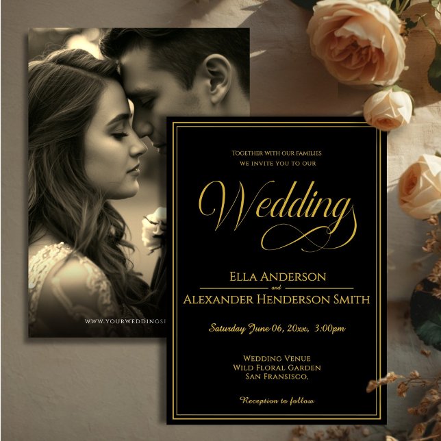 Vintage svart bröllopsinbjudan med foto inbjudningar (Cinematic Photo Vintage Black Wedding Invitation)