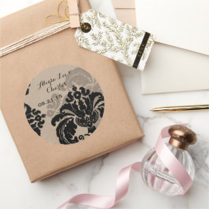 Vintage Svart Damask Brun Papper Bröllopsdekal Runt Klistermärke