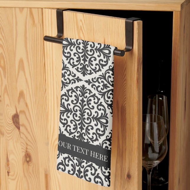 Vintage Svart Damask Köksdesign Kökshandduk (Thirds Fold)