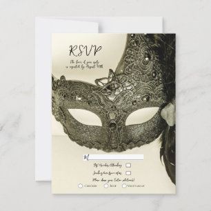 Vintage svart fjäder masqueradmask bröllop RSVP Inbjudningar