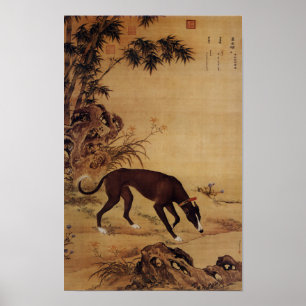 Vintage Svart Greyhound & Rosa Blommor Poster