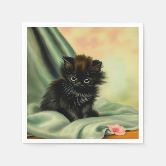Vintage svart illustration av kattunge pappersservett (Framsidan)