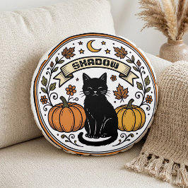 Vintage Svart Katt Botanicals Boho Botanicals Måne Rund Kudde