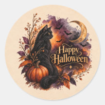Vintage Svart Katt Gott Halloween Vattenfärg Rund