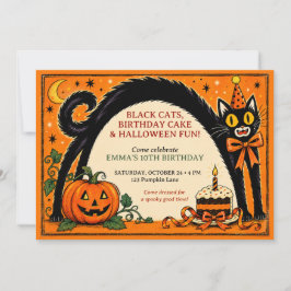 Vintage Svart Katt Halloween Födelsedagsinbjudan Inbjudningar