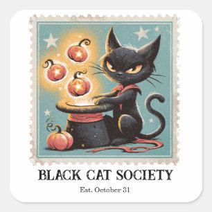 Vintage Svart Katt Halloween  Fyrkantigt Klistermärke