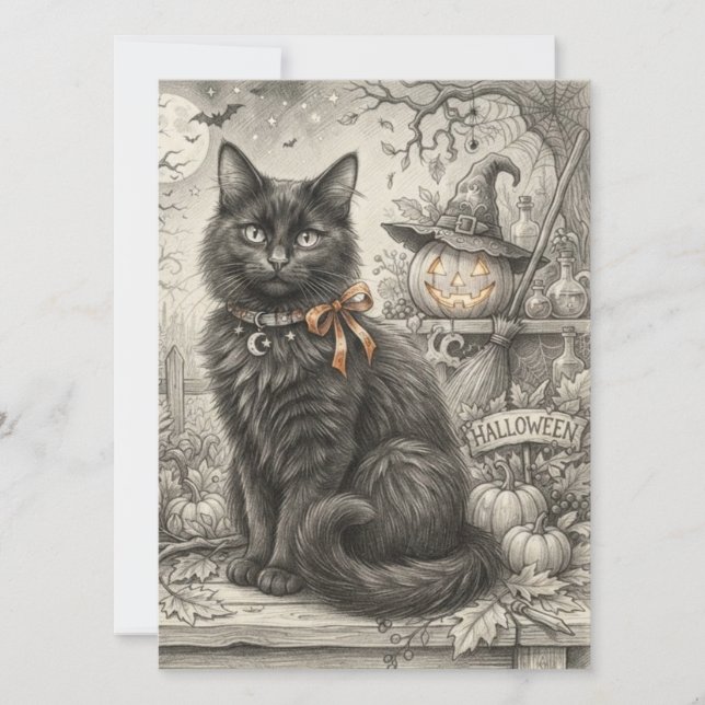 Vintage Svart Katt Halloween  Kort (Framsida)