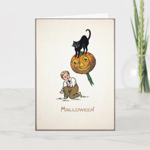 Vintage svart katt Halloween-kort Helgkort