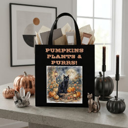 Vintage Svart Katt Halloween Pumpa Växter Maler Tygkasse
