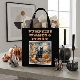 Vintage Svart Katt Halloween Pumpa Växter Maler Tygkasse