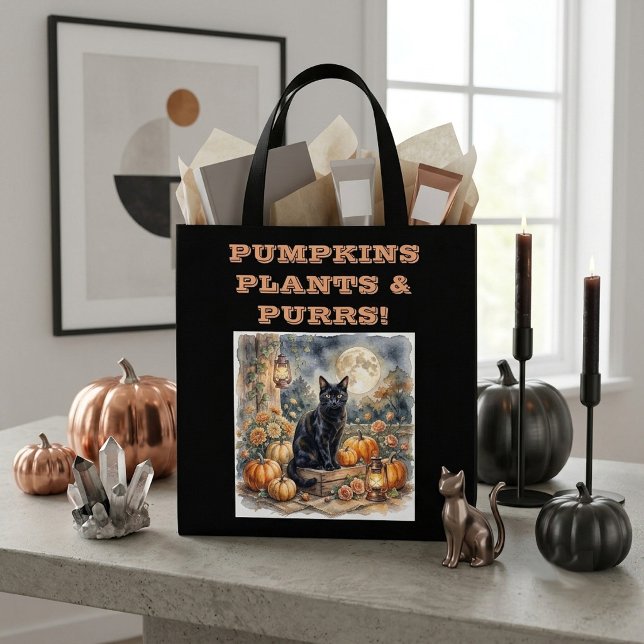 Vintage Svart Katt Halloween Pumpa Växter Maler Tygkasse (Vintage Black Cat Halloween Pumpkins Plants Purrs Tote Bag)