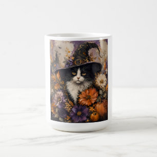 Vintage svart katt häxa hatt höstblomma kaffemugg