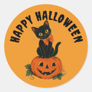 Vintage svart katt Jack-O'-Lantern Glad Halloween Runt Klistermärke