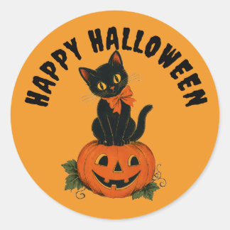 Vintage svart katt Jack-O'-Lantern Glad Halloween Runt Klistermärke
