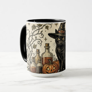 Vintage svart katt med pumpa, halvmåne och mugg