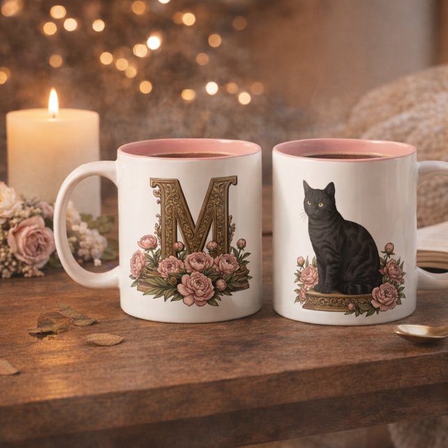 Vintage Svart Katt Monogram Kopp (Vintage Black Cat Monogram Mug)