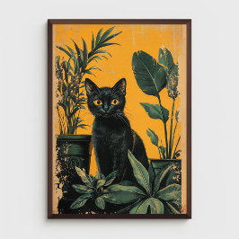 Vintage Svart katt och krukväxter Poster