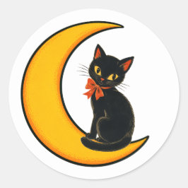 Vintage svart katt på halvmåne Halloween Runt Klistermärke