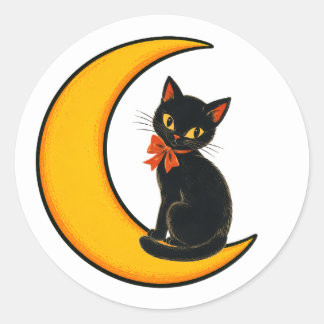 Vintage svart katt på halvmåne Halloween Runt Klistermärke