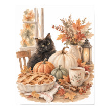 Vintage Svart Katt Pumpa Halloween Konst