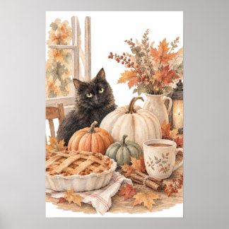 Vintage Svart Katt Pumpa Halloween Konst Poster