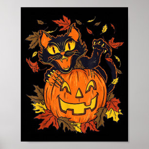 Vintage Svart Katt Pumpa Halloween Kuslig Höst Poster