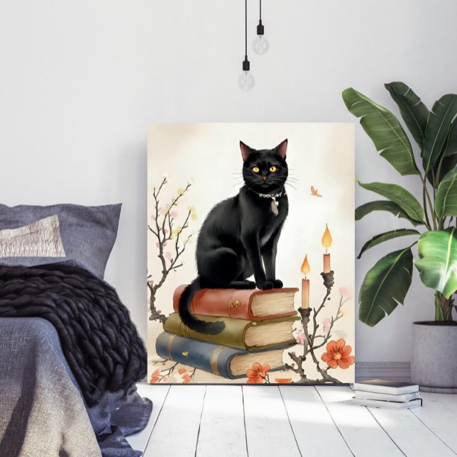 Vintage Svart Katt & Spellböcker Vattenfärg Poster (Skapare uppladdad)