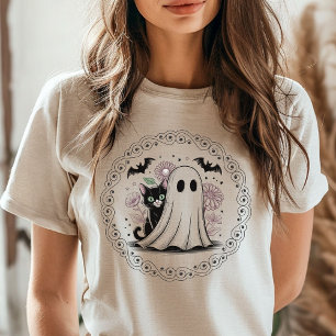 Vintage Svart Katt & Spöke Halloween Kuslig Säsong T Shirt