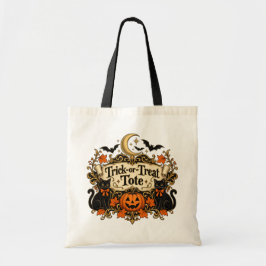 Vintage svart katt trick or treat Halloween-handvä Tygkasse
