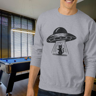 Vintage svart katt UFO rymdskepp rolig Lång Ärmad Tröja