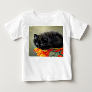 Vintage svart kattunge med röd filt blommor t shirt